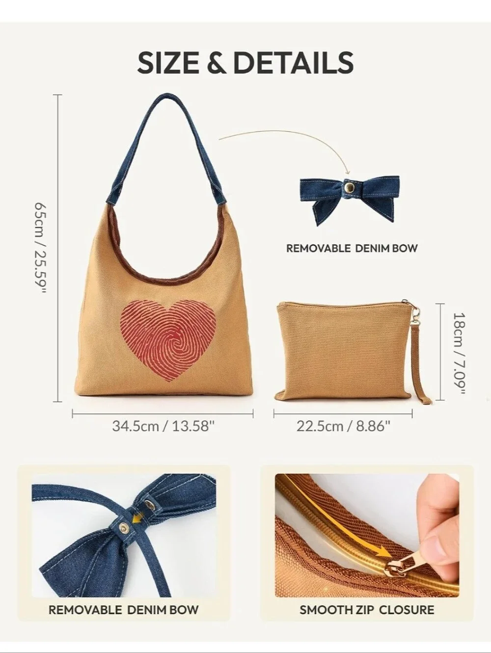 Canvas Heart Print Shoulder Bag with Denim Bow - Tan & Red